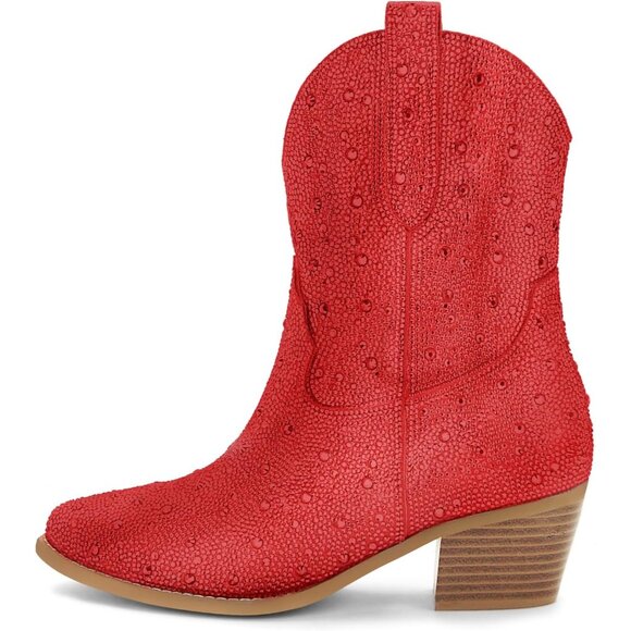 Women's Red Western Cowgirl Boots Embroidered Ankle High Pointed Toe Pull On - Picture 3 of 6